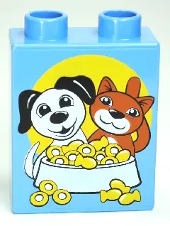 Medium Blue Duplo, Brick 1 x 2 x 2 with Dog and Cat with Food Bowl Pattern