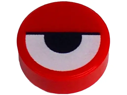 Red Tile, Round 1 x 1 with White Eye Partially Closed with Black Half Circle Pupil and Line Pattern