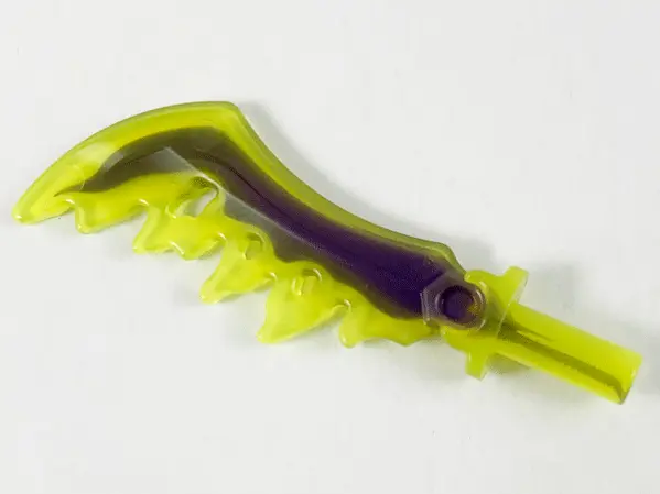 Trans-Neon Green Minifigure, Weapon Sword, Serrated with Marbled Dark Purple Pattern