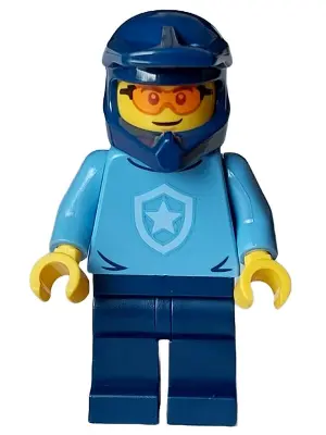 Police - City Officer, Medium Blue Shirt with Badge, Dark Blue Legs, Dark Blue Dirt Bike Helmet, Saf