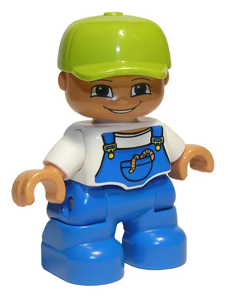 Duplo Figure Lego Ville, Child Boy, Blue Legs, White Top with Blue Overalls, Worms in Pocket, Lime C