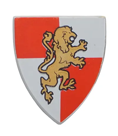 Light Bluish Gray Minifigure, Shield Triangular Short with Gold Lion on Red and White Quarters Backg