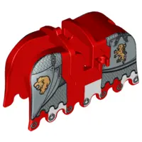 Red Horse Barding, Ruffled Edge with Gold Lions and Silver Plate Armor Pattern