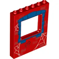 Red Panel 1 x 6 x 6 with Window with Spider Webs, Blue Stones Frame, and Black 'PP+MJ' in Heart Patt