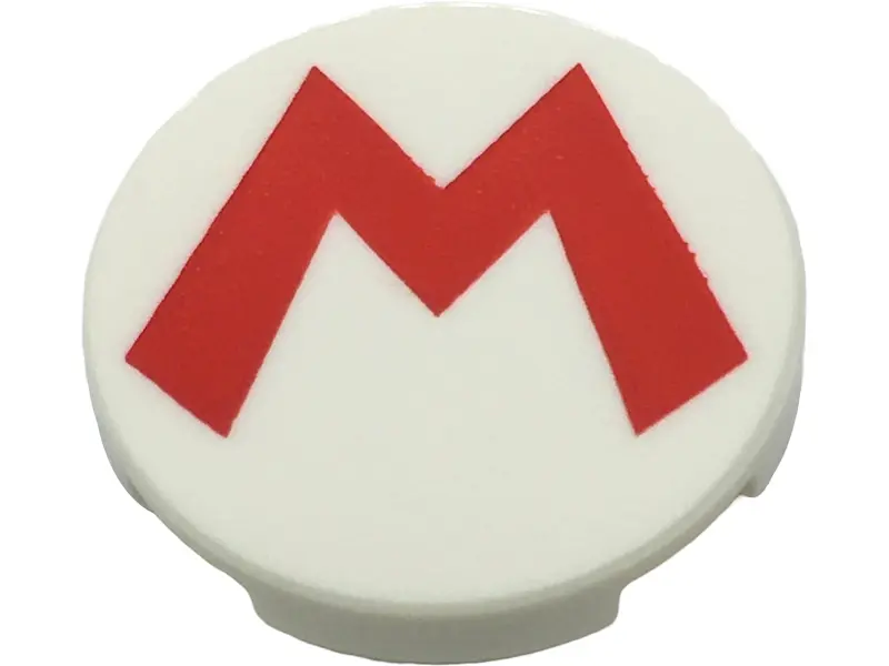 White Tile, Round 2 x 2 with Bottom Stud Holder with Super Mario Logo Red Capital Letter M Pattern