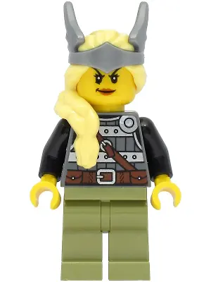 Viking Warrior - Female, Dark Bluish Gray and Silver Armor, Olive Green Legs, Bright Light Yellow Ha