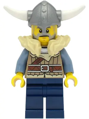 Viking Warrior - Male, Dark Tan Jacket with Tan Fur, Dark Blue Legs, Flat Silver Helmet