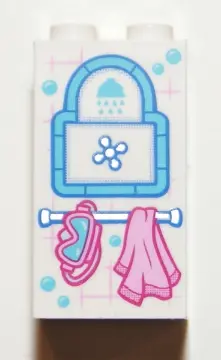 White Brick 2 x 2 x 3 with Shower Fixture, Scuba Mask and Towel Pattern