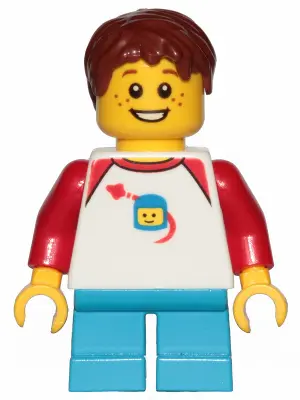 Boy, Freckles, Classic Space Shirt with Red Sleeves, Dark Azure Short Legs, Reddish Brown Hair Short