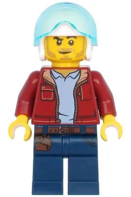 Man, Dark Red Jacket with Bright Light Blue Shirt, Dark Blue Legs with Belt, White Flight Helmet, Tr