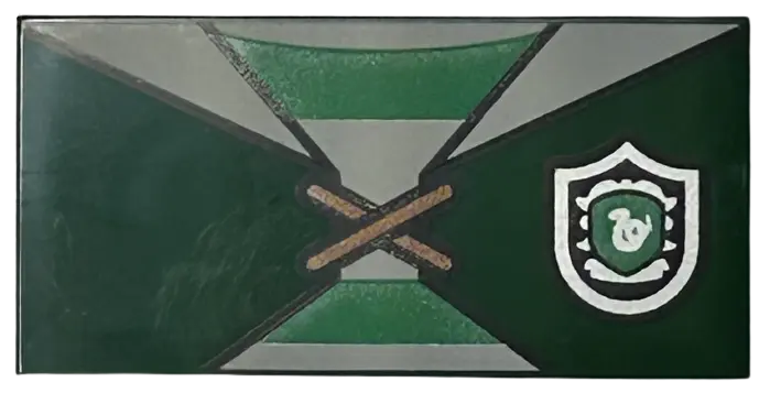 Dark Green Tile 2 x 4 with Quidditch Robe Tied over Shirt with Green and Light Bluish Gray Stripes, 