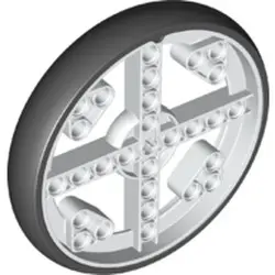 White Wheel 88 x 14 Technic with Axle Hole and 28 Pin Holes with Molded Black Hard Rubber Tire Patte