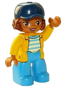 Duplo Figure Lego Ville, Female, Dark Azure Legs, White Top with Medium Azure Stripes and Yellow Jac