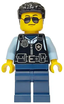 Police - City Officer Male, Black Safety Vest with Silver Star Badge Logo, Dark Blue Legs, Black Hai