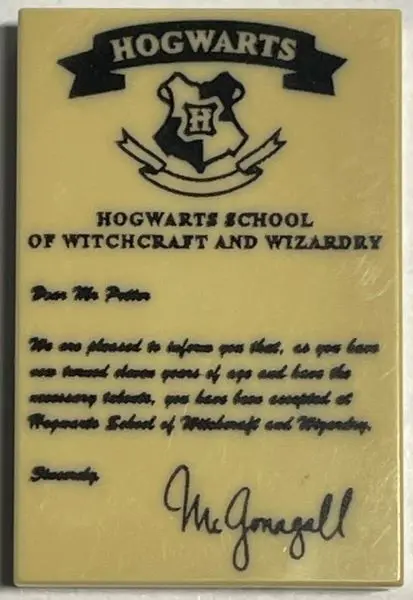 Tan Tile 2 x 3 with 'HOGWARTS' Acceptance Pattern