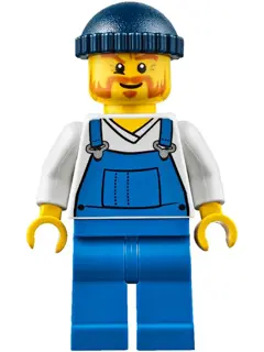 Fire Lighthouse Keeper - Overalls Blue over V-Neck Shirt, Blue Legs, Dark Blue Knit Cap