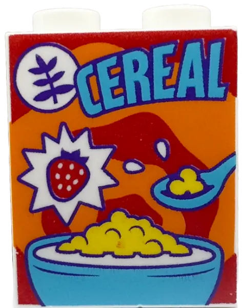 White Brick 1 x 2 x 2 with Inside Stud Holder with Medium Azure 'CEREAL', Spoon, and Bowl, Strawberr