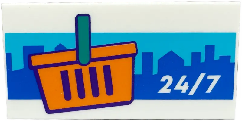 White Tile 2 x 4 with '24/7', Orange Shopping Basket with Dark Turquoise Handle, and Blue City Lands