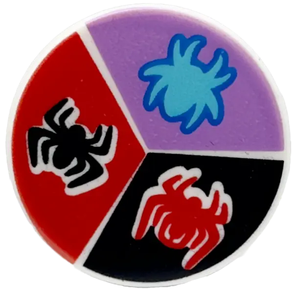 White Tile, Round 2 x 2 with Bottom Stud Holder with Red, Black, and Medium Azure Spiders on Black, 