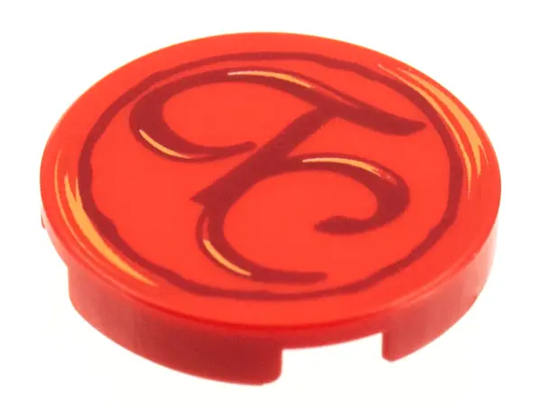 Red Tile, Round 2 x 2 with Bottom Stud Holder with Script 'TC' Pattern