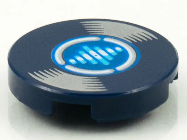 Dark Blue Tile, Round 2 x 2 with Bottom Stud Holder with LP Record, Medium Azure and White Lines on 