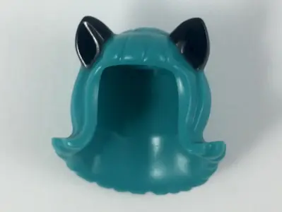Dark Turquoise Minifigure, Hair Female Mid-Length Flipped Ends, Short Bangs, with Black Cat Ears Pat
