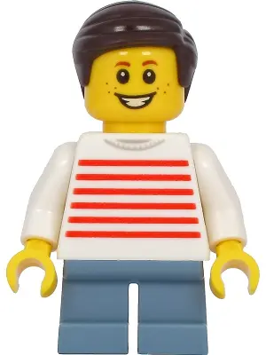 Child - Boy, White Sweater with Red Horizontal Stripes, Sand Blue Short Legs, Dark Brown Hair, Freck