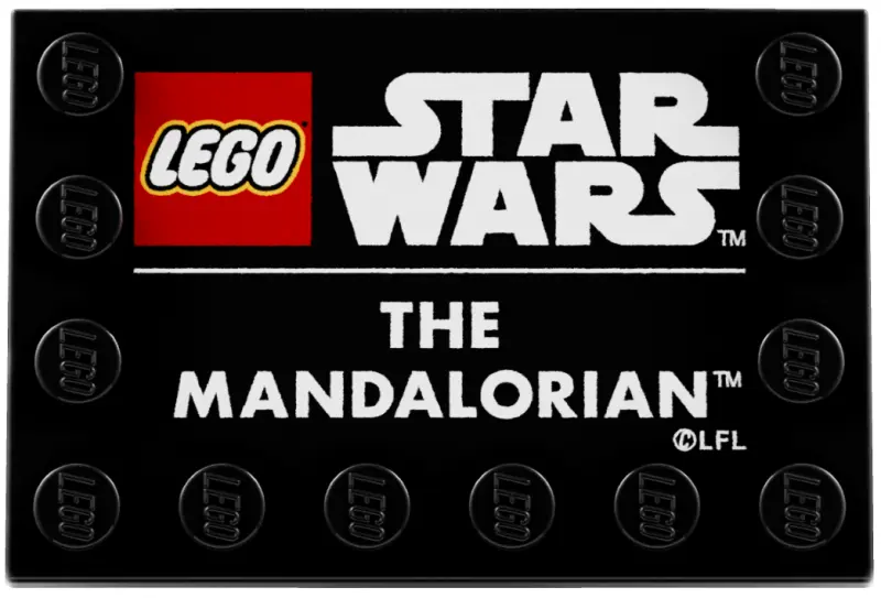 Black Tile, Modified 4 x 6 with Studs on Edges with LEGO Star Wars Logo and White 'THE MANDALORIAN' 