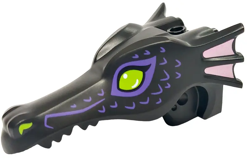 Black Dragon Head (Disney Princess) Jaw with Lime Eyes and Nostrils, Dark Purple Scales and Bright P