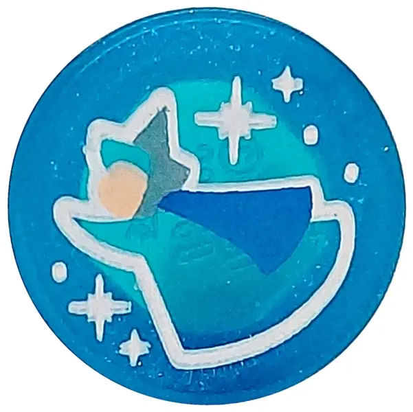 Satin Trans-Dark Blue Tile, Round 1 x 1 with Fairy Godmother Merryweather, Light Nougat Face, Blue C