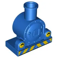 Blue Duplo, Train Steam Engine Front with Yellow Lights and Danger Stripes Pattern