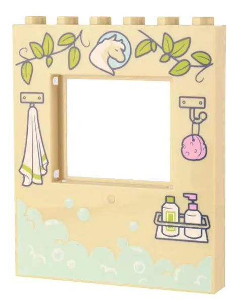 Tan Panel 1 x 6 x 6 with Window with Lime Vine Leaves, Horse Emblem, Towel and Sponge on Hooks, Soap