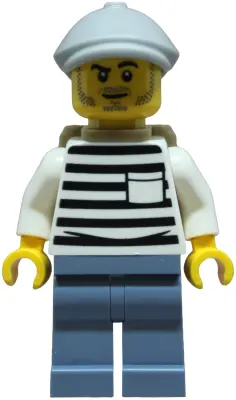- City Jail Prisoner Male, White Shirt with Pocket and Black Stripes, Sand Blue Legs, Light Bluish G