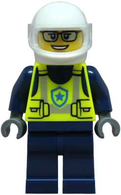 - City Officer Female, Neon Yellow Safety Vest, Dark Blue Legs, White Helmet, Trans-Clear Visor