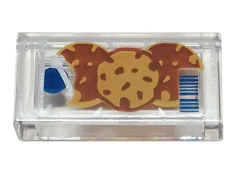 Trans-Clear Tile 1 x 2 with Blue and Silver Classic Space Logo, Reddish Brown and Medium Nougat Cook