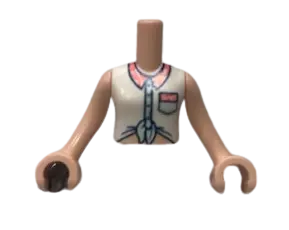 Light Nougat Torso Mini Doll Girl White Tied Sleeveless Shirt, Coral Collar and Pocket Pattern, Ligh