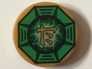 Pearl Gold Tile, Round 2 x 2 with Bottom Stud Holder with Airjitzu Lightning Symbol in Green Octagon