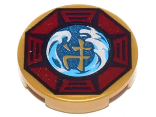 Pearl Gold Tile, Round 2 x 2 with Bottom Stud Holder with Airjitzu Wave Symbol in Dark Red Octagon P