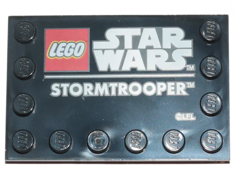 Black Tile, Modified 4 x 6 with Studs on Edges with Star Wars Logo and 'STORMTROOPER' Pattern