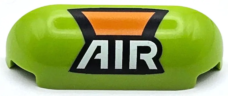 Lime Slope, Curved 1 x 4 with Rounded Ends with Orange Panel and White 'AIR' on Black Background Pat