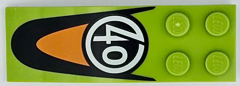 Lime Slope, Curved 6 x 2 with White Number 40 in Circle and Black and Orange Panel Pattern