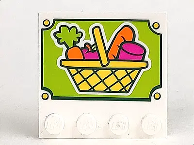 White Tile, Modified 4 x 4 with Studs on Edge with Shopping Basket and Food Pattern