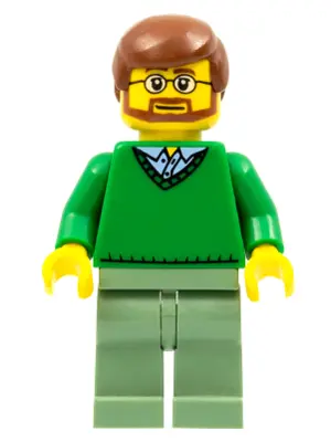 Green V-Neck Sweater, Sand Green Legs, Reddish Brown Hair, Beard
