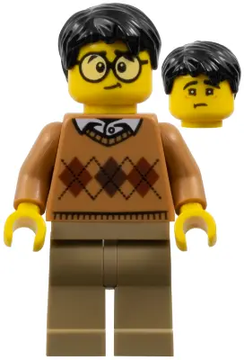 Medium Nougat Argyle Sweater, Dark Tan Legs, Black Hair, Large Round Glasses