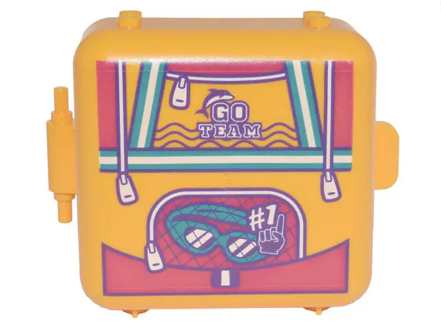 Bright Light Orange Container, Box 3 x 8 x 6 2/3 Half Front with Backpack with Dark Turquoise Swim G