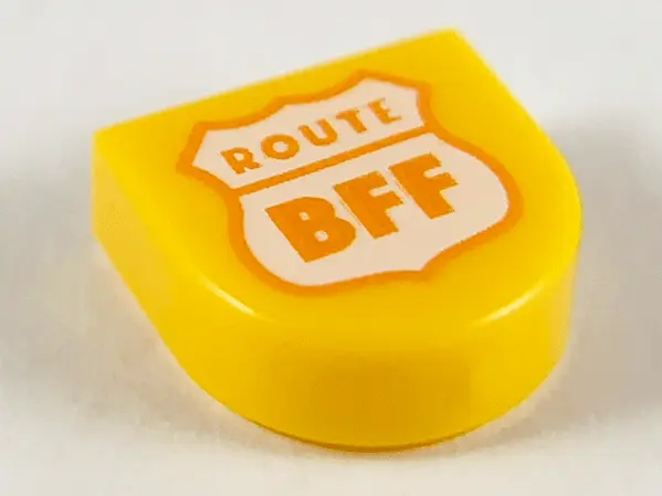 Bright Light Orange Tile, Round 1 x 1 Half Circle Extended with White Highway Sign, Orange Outline a