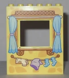 Bright Light Yellow Panel 1 x 6 x 6 with Window with Curtains and Clothes Line with Laundry Pattern