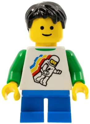 Boy - Classic Space Minifigure Floating Pattern, Blue Short Legs, Black Tousled Hair