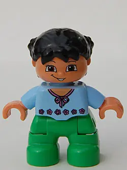 Duplo Figure Lego Ville, Child Girl, Bright Green Legs, Light Blue Top with Red Flowers, Black Hair 