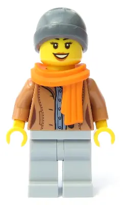 Customer - Female, Medium Nougat Jacket, Light Bluish Gray Legs, Dark Bluish Gray Beanie, Orange Sca